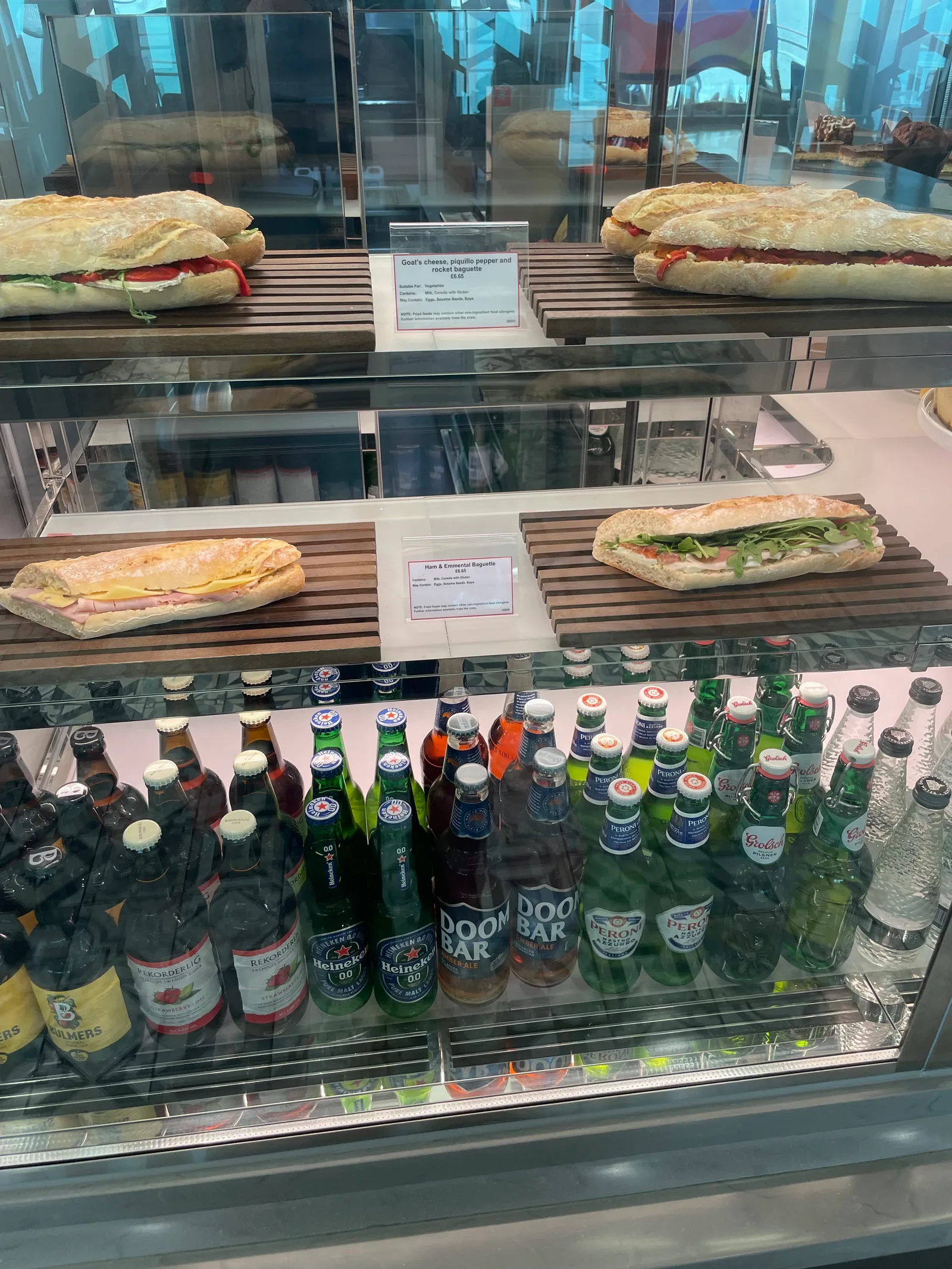 The chilled counter in the P&O shop: baguettes, beers and soft drinks